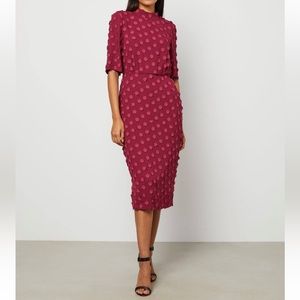 NWT BCBGMaxazria cranberry textured polk-a-dit midi body-con dress small